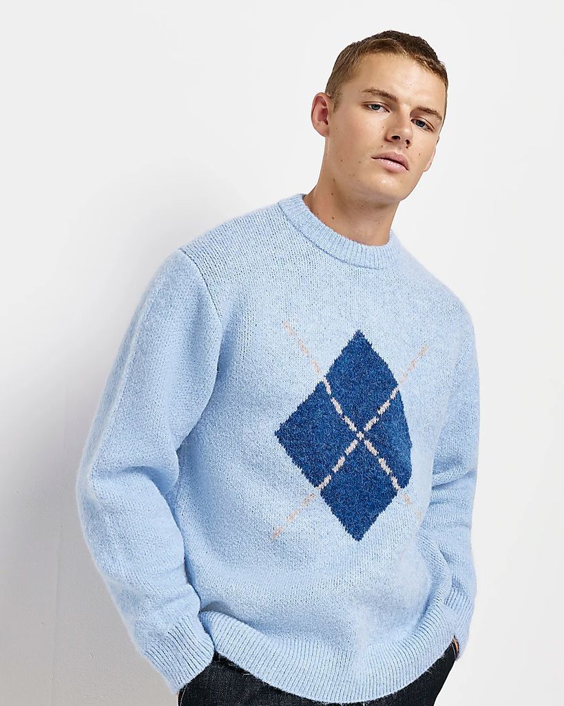 Mens River Island Blue Regular Fit Argyle Knitted Jumper