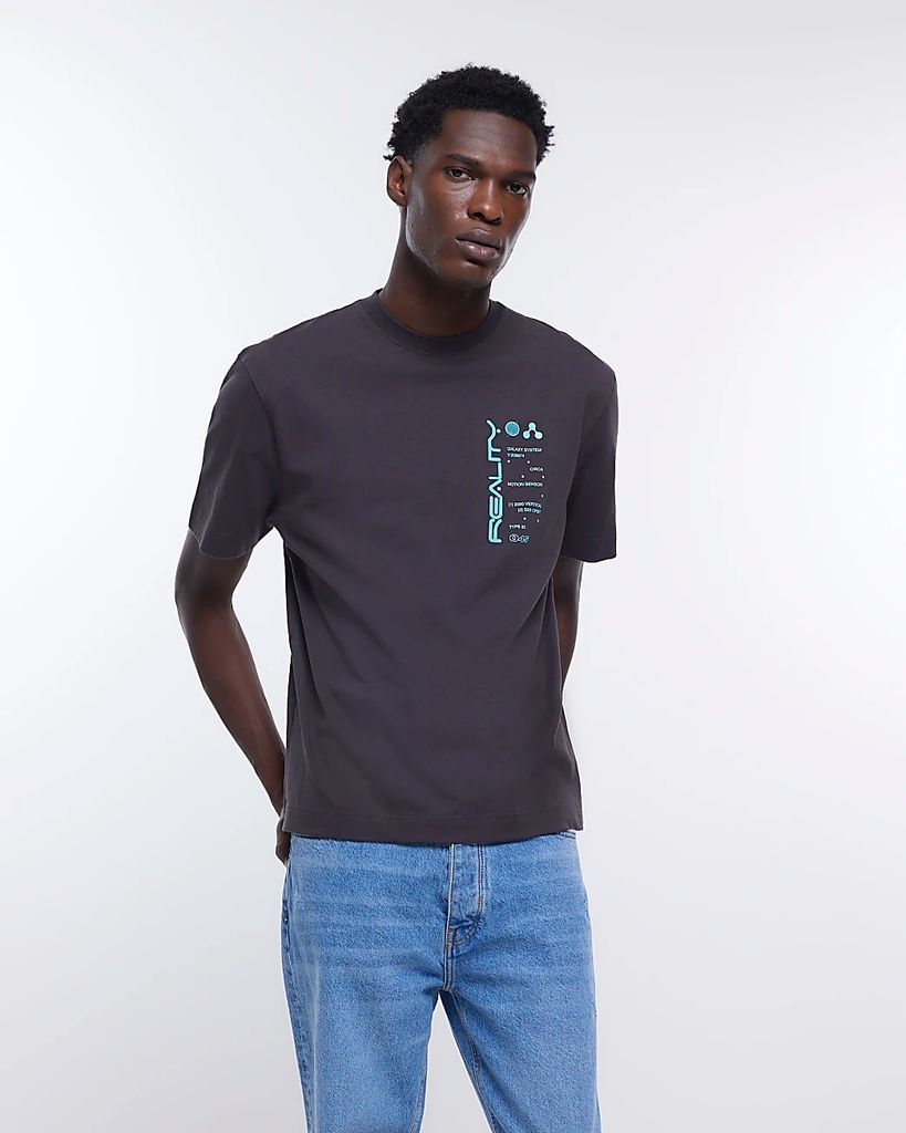 Mens River Island Grey Regular Fit Graphic T-Shirt