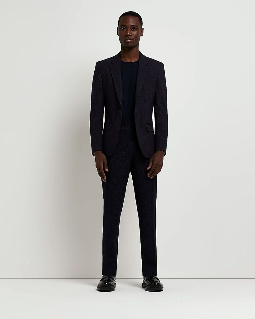 Mens River Island Navy Slim Fit Textured Suit Trousers