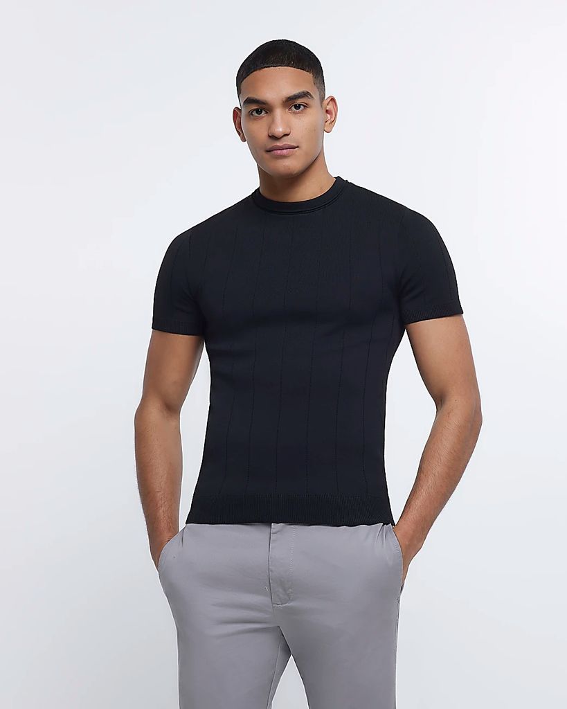 Mens River Island Black Muscle Fit Knitted T-Shirt
