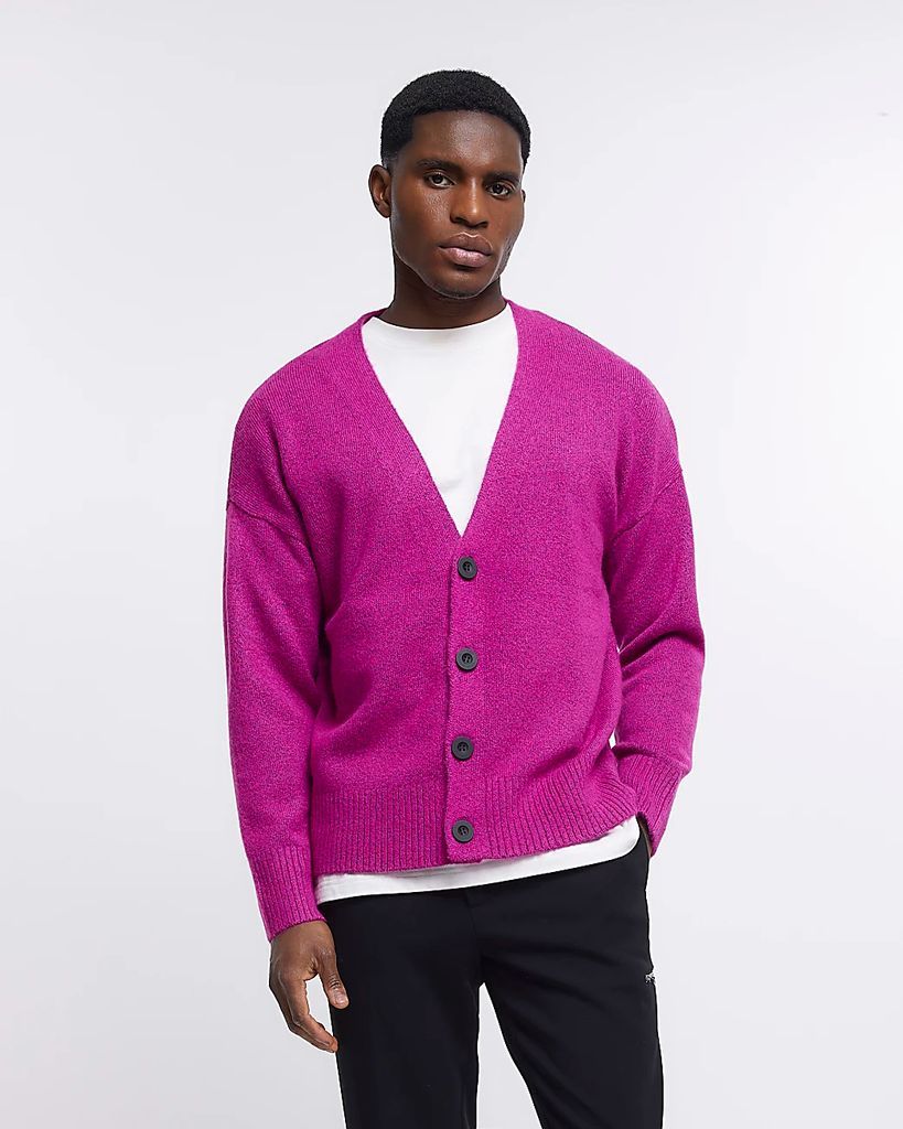 Mens River Island Pink Boxy Fit Knitted Cardigan