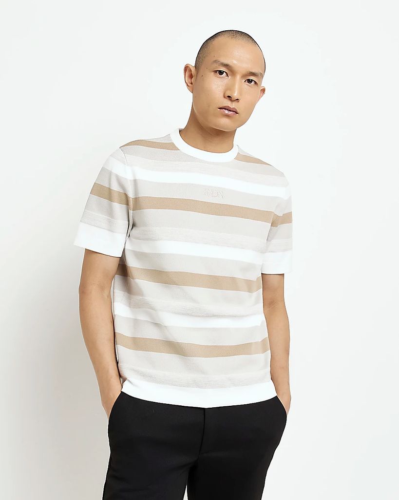 Mens River Island Beige Slim Fit Striped Knitted T-Shirt