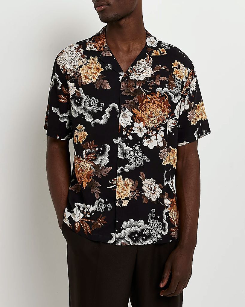 Mens River Island Black Regular Fit Floral Short Sleeve Shirt