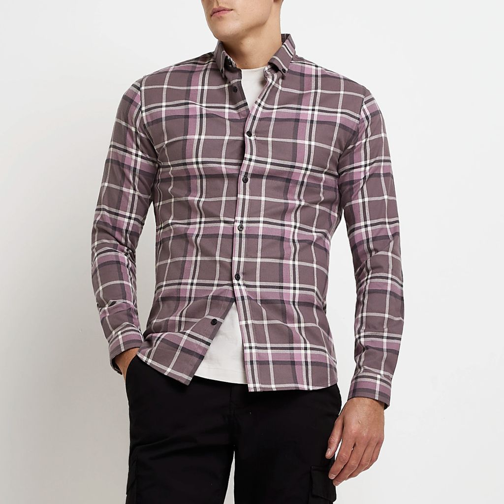 Mens River Island Purple Muscle Fit Check Shirt