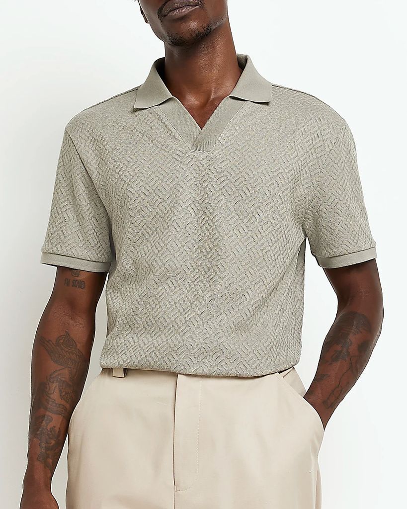 Mens River Island Green Slim Fit Textured Polo Shirt