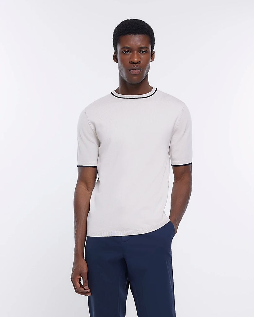 Mens River Island Ecru Slim Fit Knitted T-Shirt