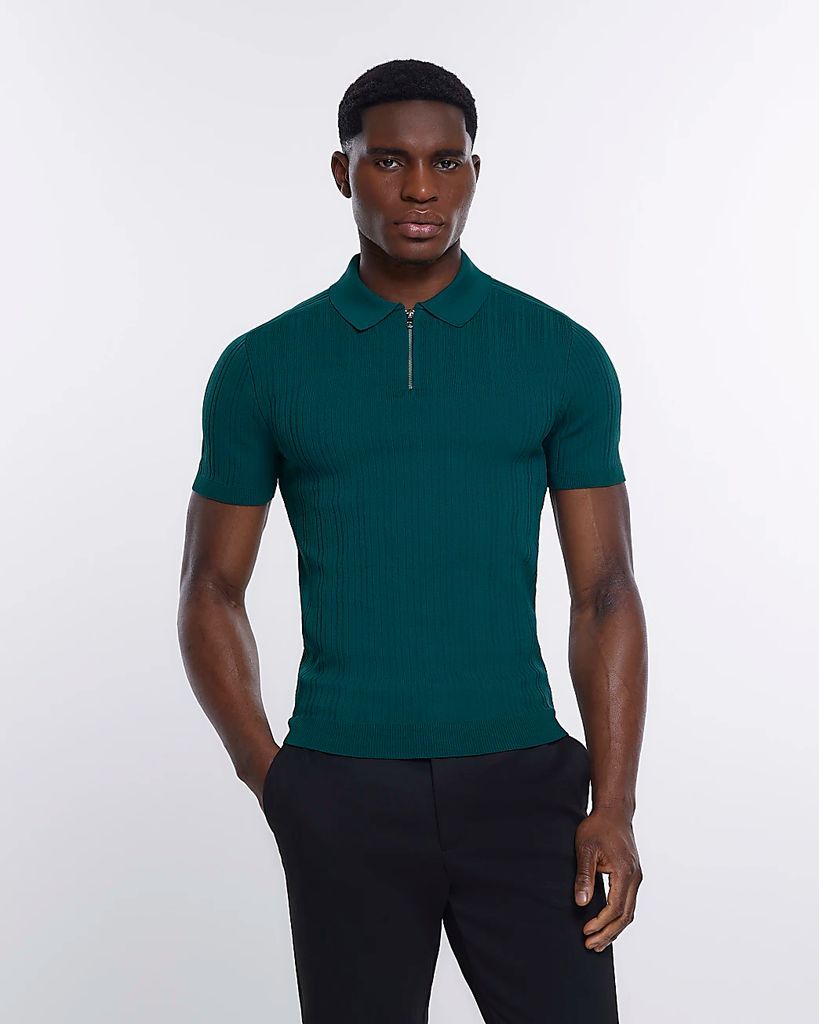 Mens River Island Green Muscle Fit Ribbed Polo Shirt