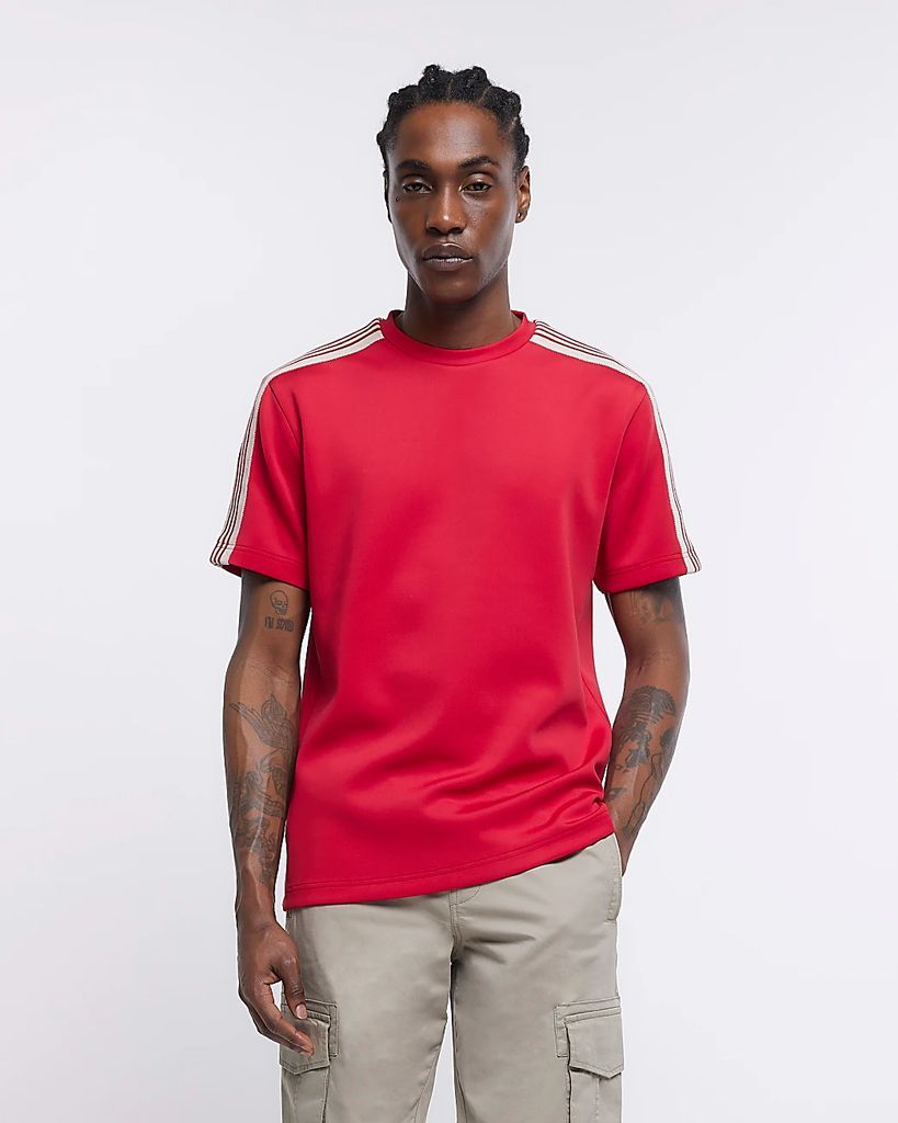 Mens River Island Red Slim Fit Taped T-Shirt