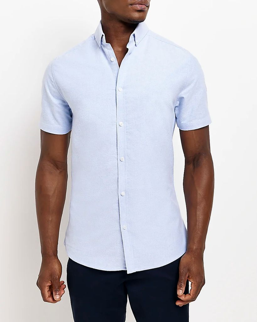 Mens River Island Blue Muscle Fit Short Sleeve Oxford Shirt