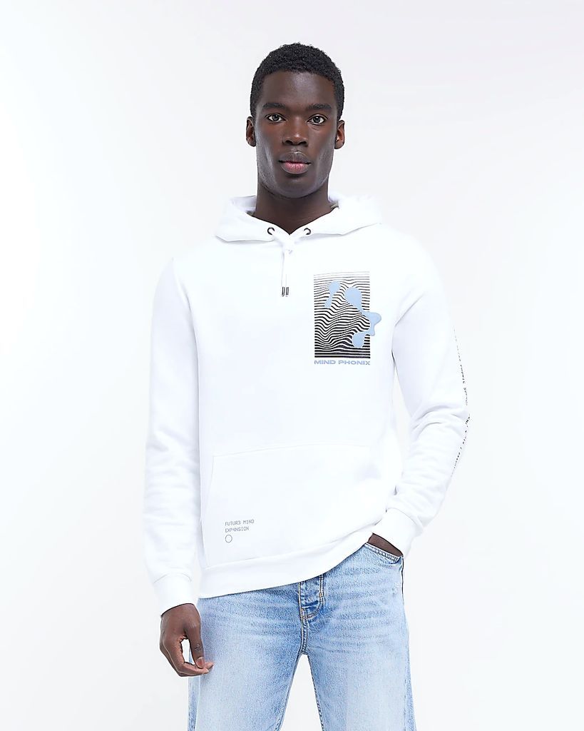 Mens River Island White Regular Fit Graphic Hoodie