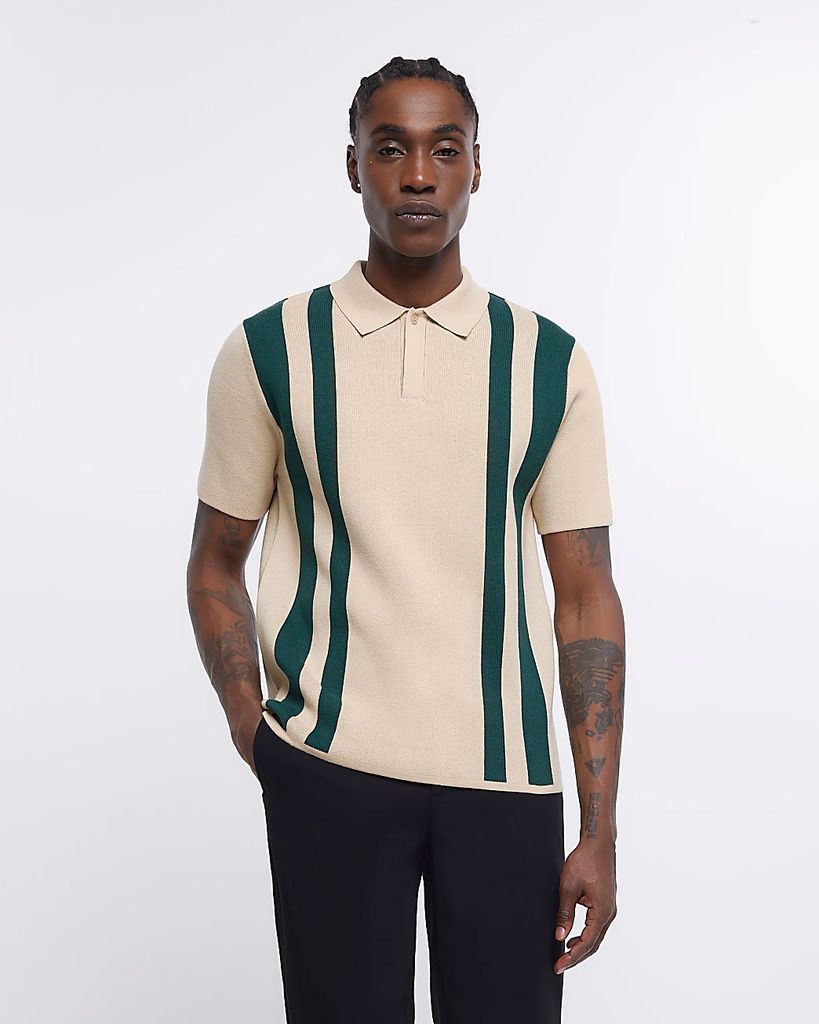 Mens River Island Beige Regular Fit Striped Knitted Polo Shirt