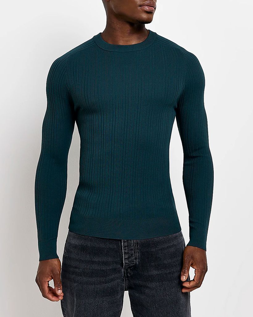 Mens River Island Green Muscle Fit Ribbed Crew Neck Knit Jumper