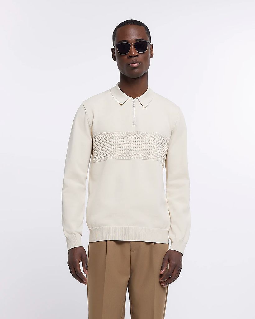Mens River Island Beige Slim Fit Knitted Long Sleeve Polo Shirt