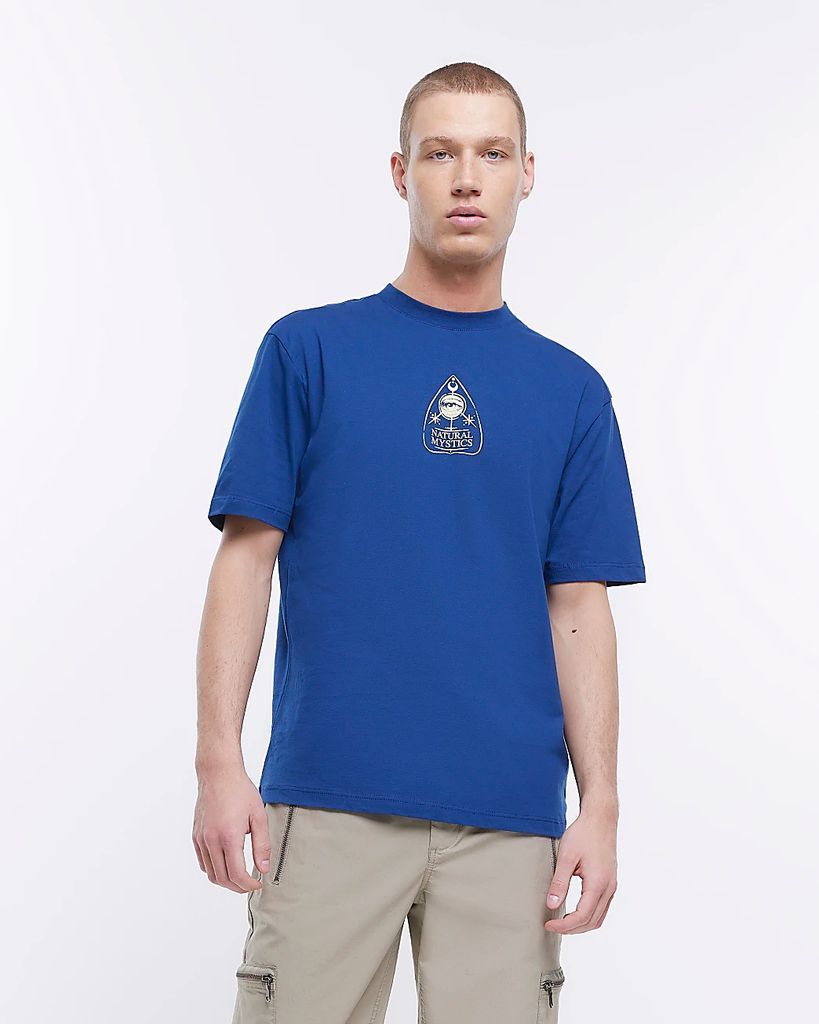 Mens River Island Blue Regular Fit Graphic Print T-Shirt