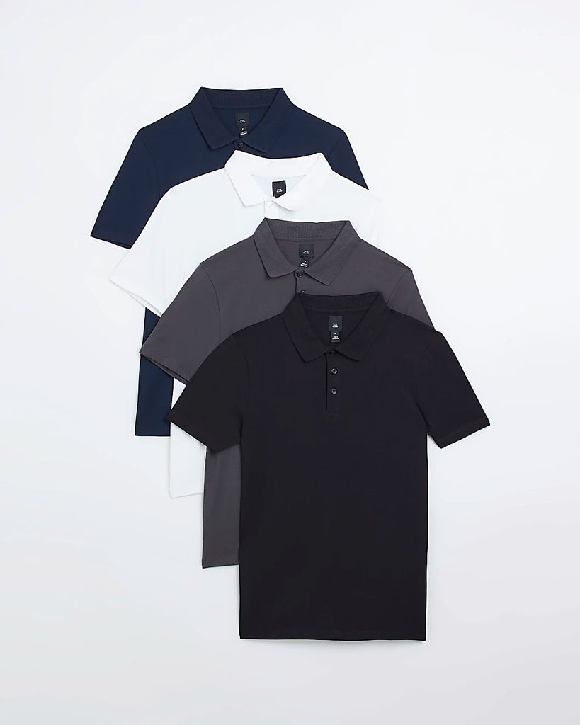 Mens River Island Black Multipack Of 4 Muscle Fit Polo Shirts
