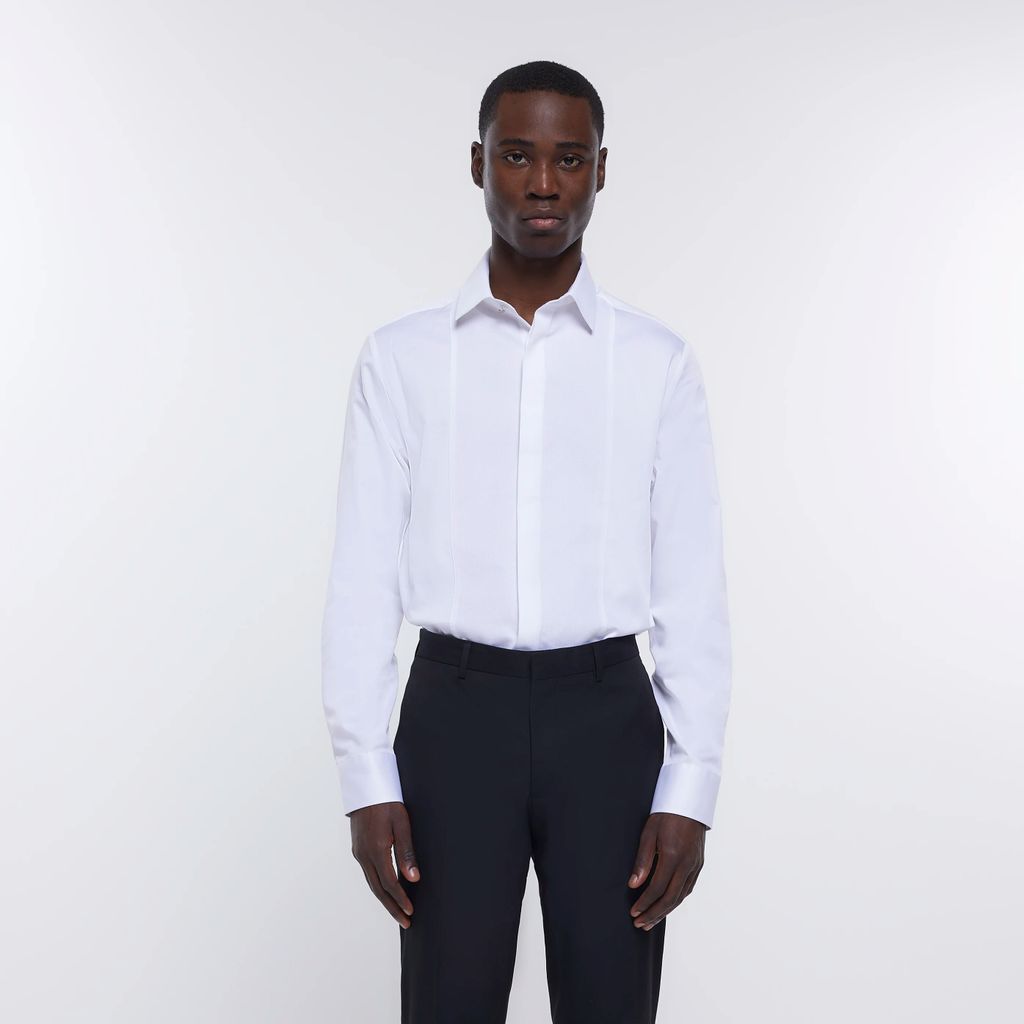 Mens River Island White Slim Fit Concealed Button Shirt