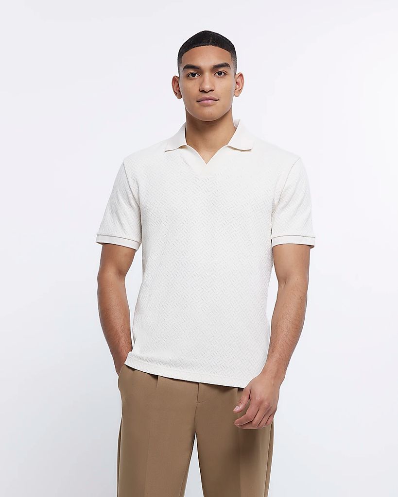 Mens River Island Ecru Slim Fit Textured Polo Shirt