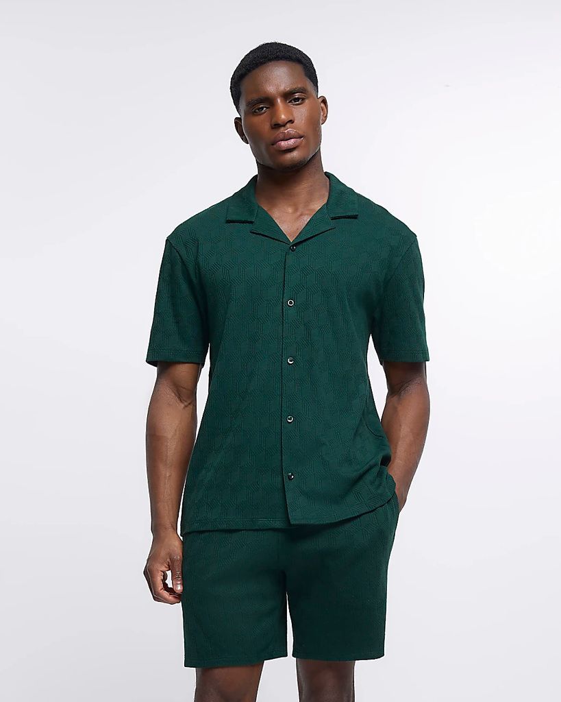 Mens River Island Green Regular Fit Textured Revere Shirt