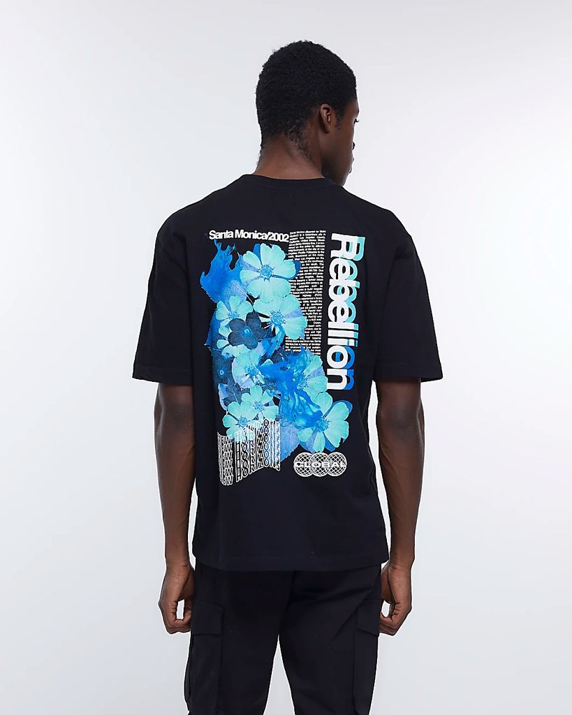 Mens River Island Black Oversized Fit Graphic Print T-Shirt