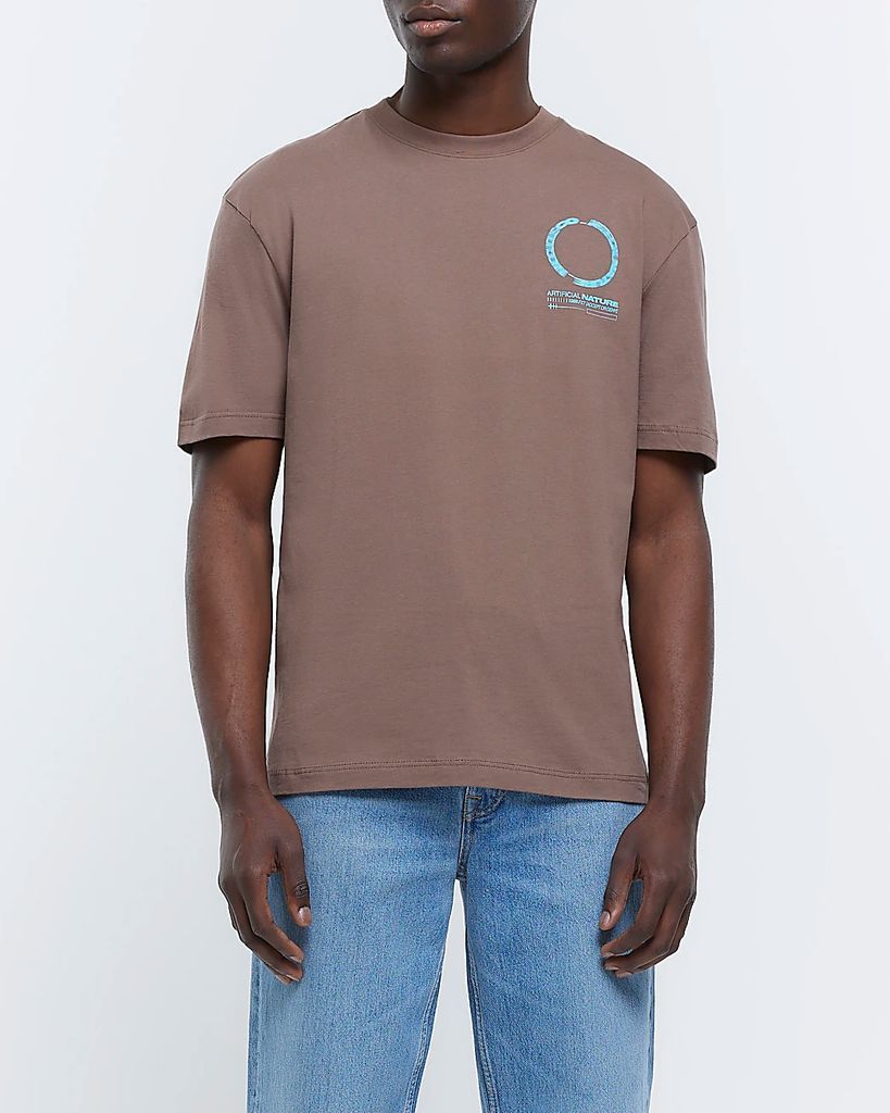 Mens River Island Brown Regular Fit Graphic Print T-Shirt