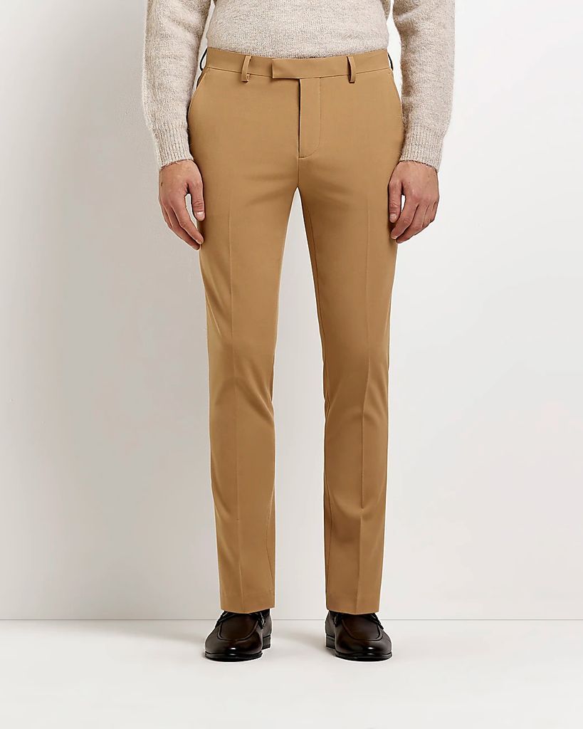 Mens River Island Brown Super Skinny Fit Suit Trousers