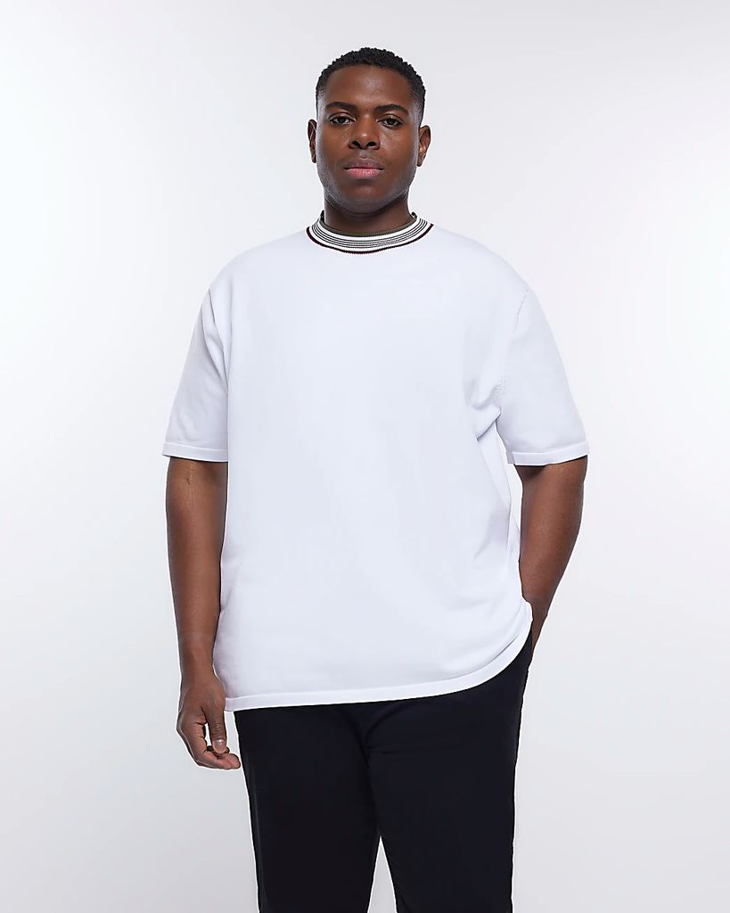 Mens River Island Big And Tall White Knitted Taped T-Shirt