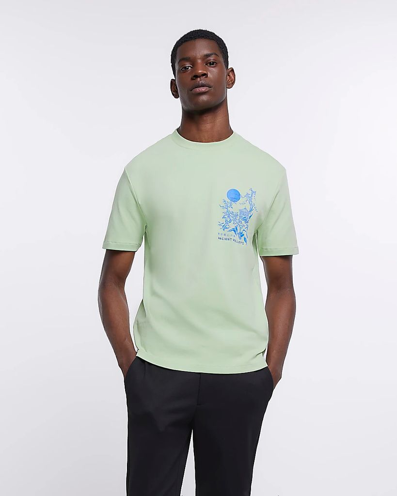Mens River Island Green Slim Fit Graphic Japanese T-Shirt