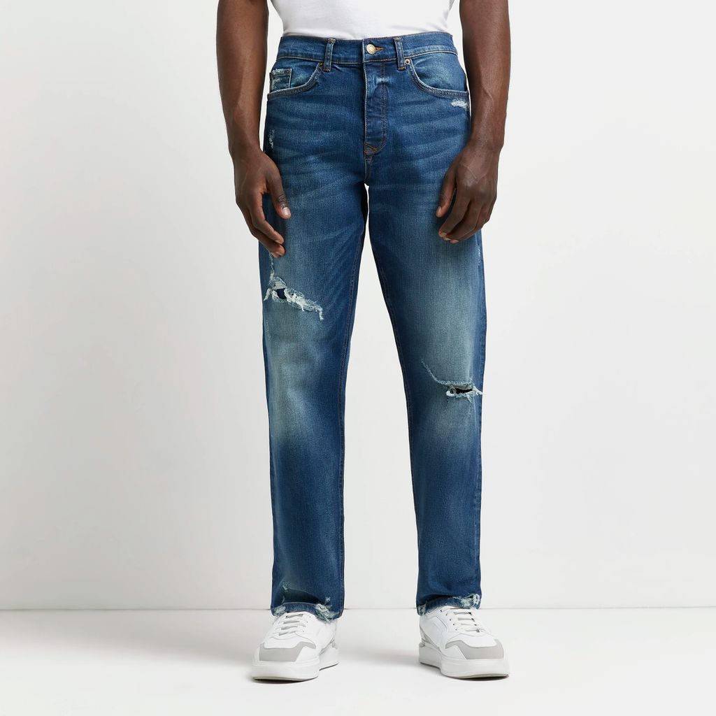 Mens River Island Blue ripped relaxed fit jeans