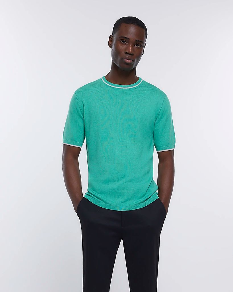 Mens River Island Green Slim Fit Knitted T-Shirt