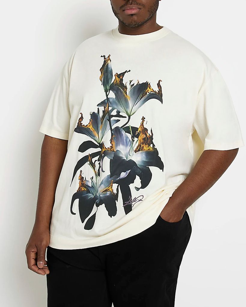 Mens River Island Big & Tall Ecru Oversized Fit Graphic T-Shirt