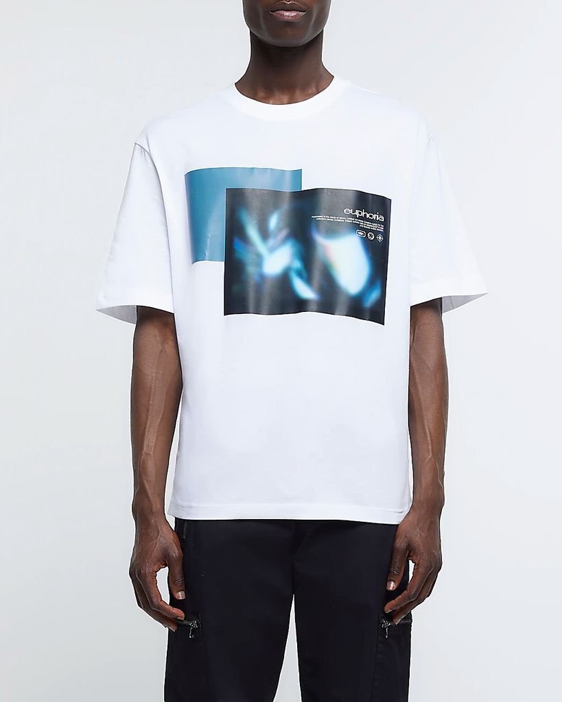 Mens River Island White Oversized Fit Graphic Box T-Shirt