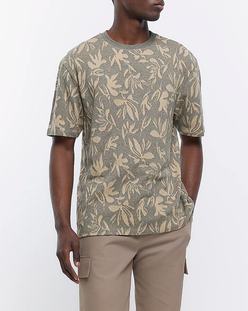 Mens River Island Green Regular Fit Jacquard Leaf Print T-Shirt