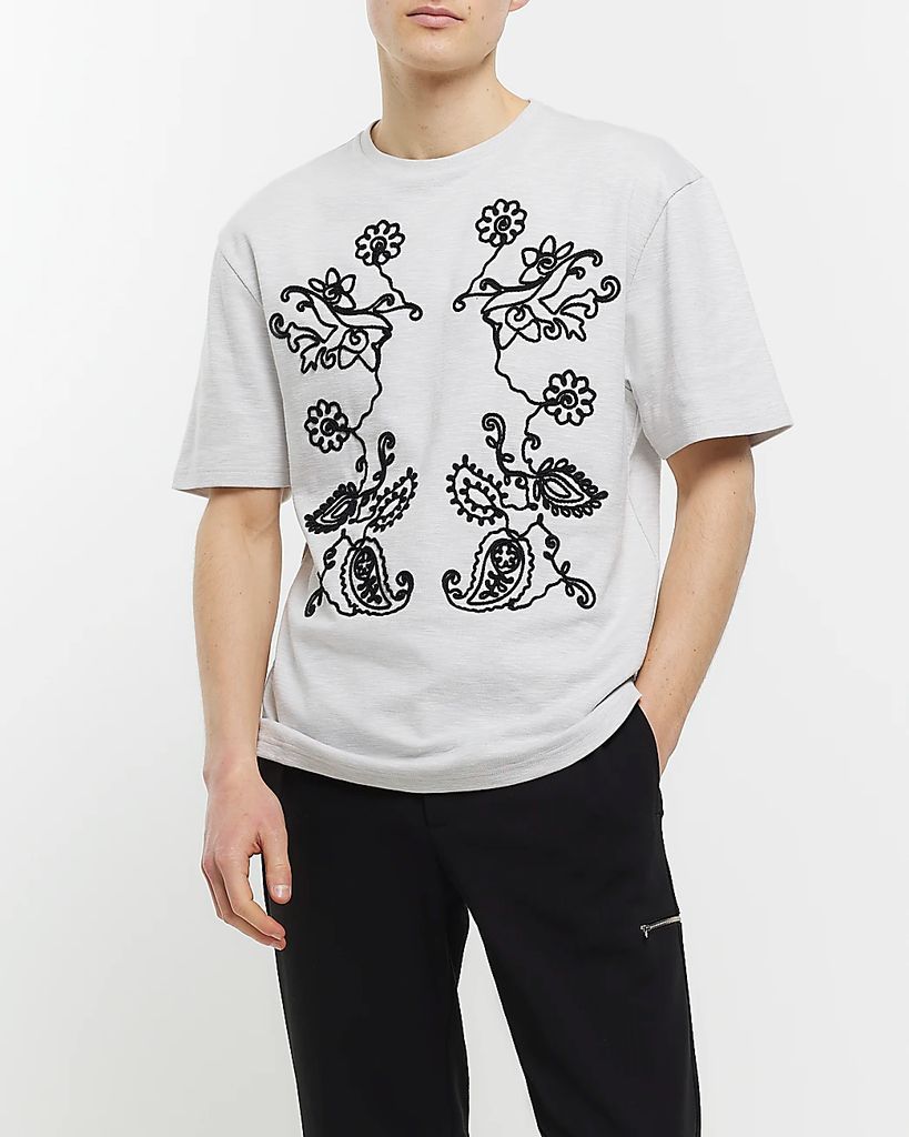 Mens River Island Ecru Slim Fit Embroidered Floral T-Shirt
