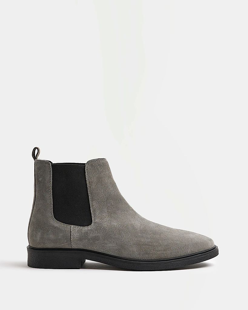 Mens River Island Grey Wide Fit Suede Chelsea Boots