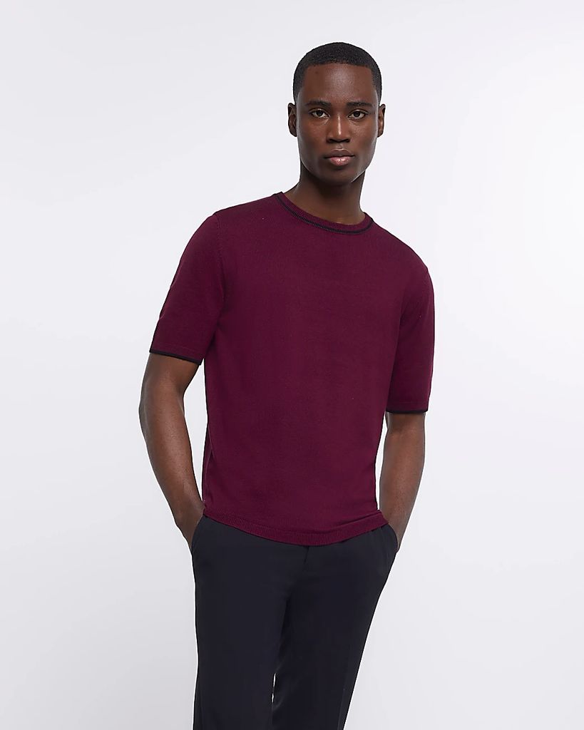 Mens River Island Red Slim Fit Knitted T-Shirt