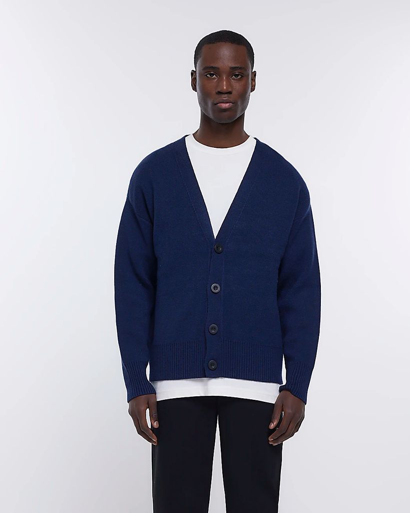 Mens River Island Blue Boxy Fit Knitted Cardigan