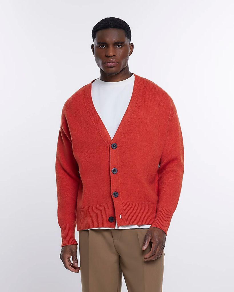 Mens River Island Orange Boxy Fit Knitted Cardigan