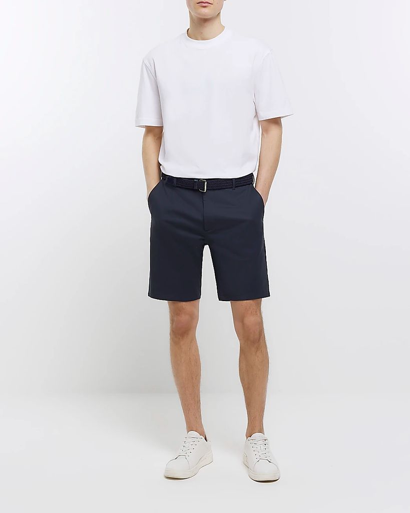 Mens River Island Navy Regular Fit Belted Chino Shorts