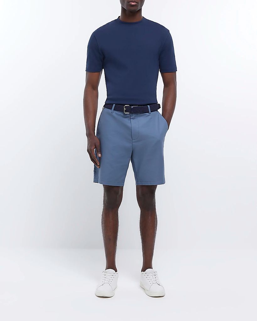 Mens River Island Blue Regular Fit Belted Chino Shorts