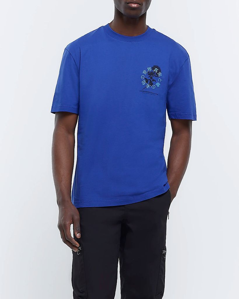 Mens River Island Blue Regular Fit Japanese Graphic T-Shirt