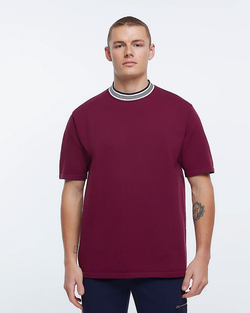 Mens River Island Red Regular Fit Knitted Taped T-Shirt