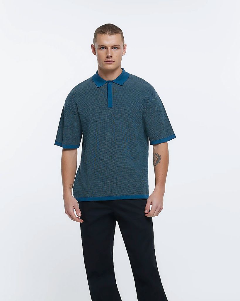 Mens River Island Blue Oversized Fit Textured Polo