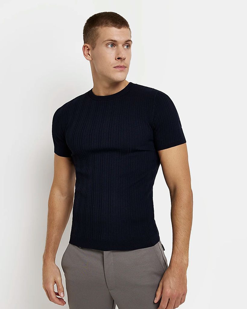 Mens River Island Navy Muscle Fit Ribbed Knitted T-Shirt