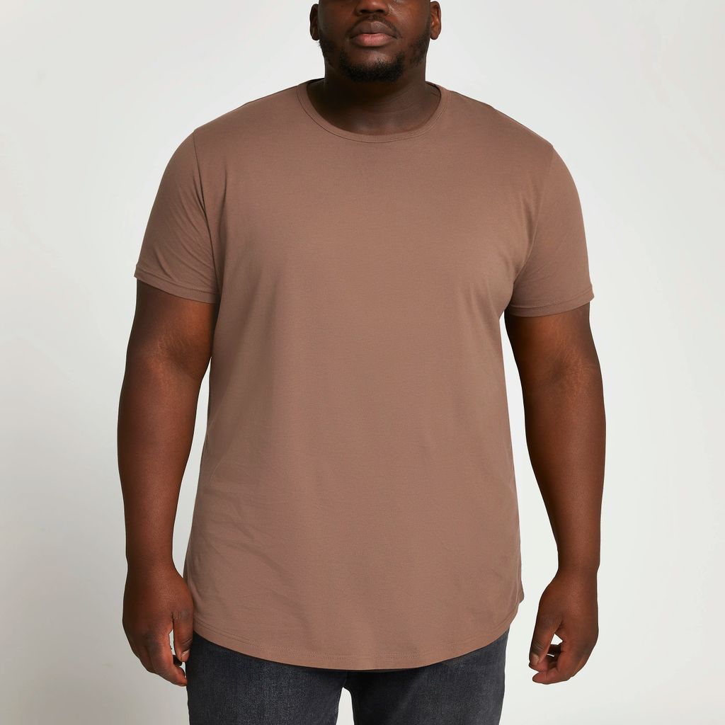 Mens River Island Big & Tall Brown Curved Hem Slim Fit T-Shirt