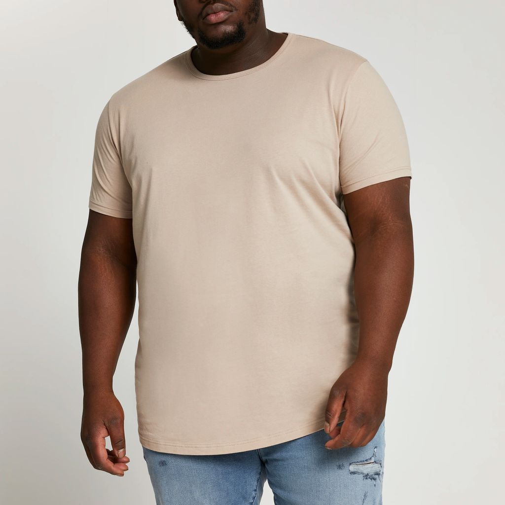 Mens River Island Big & Tall Beige Curved Hem Slim Fit T-Shirt