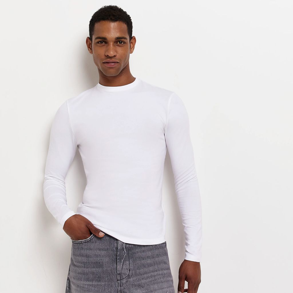 Mens River Island White Muscle Fit Long Sleeve T-Shirt