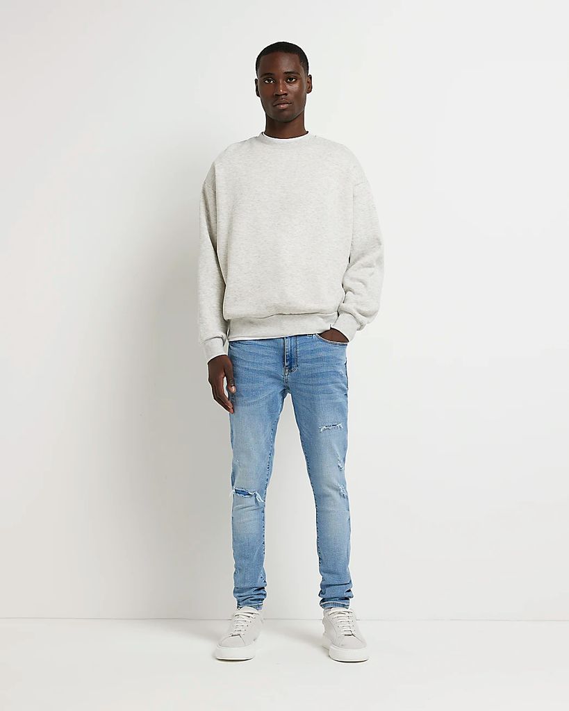 Mens River Island Light Blue Spray On Ripped Skinny Fit Jeans