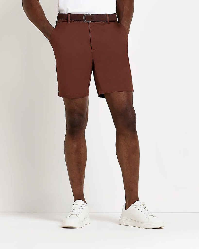 Mens River Island Brown Slim Fit Belted Chino Shorts