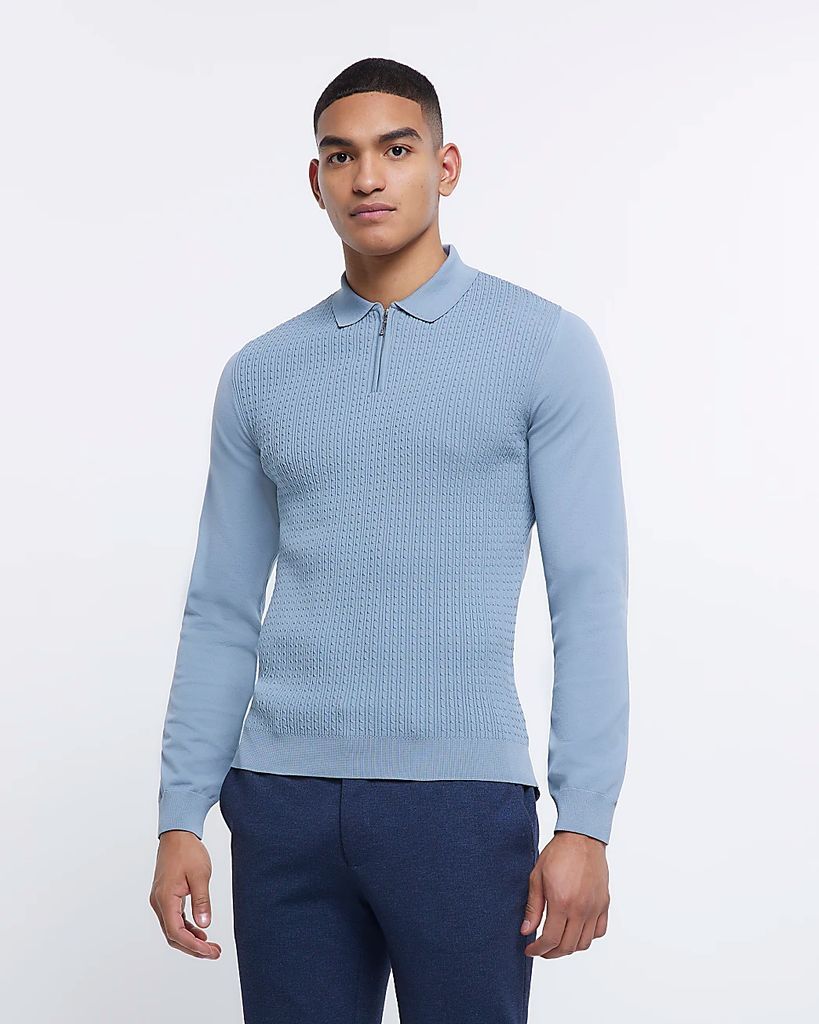 Mens River Island Blue Muscle Fit Cable Knit Polo Shirt