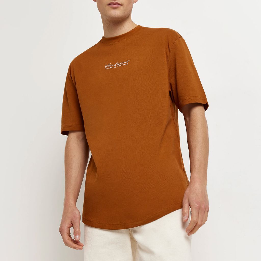 Mens River Island Brown Regular Fit Embroidered Pique T-Shirt